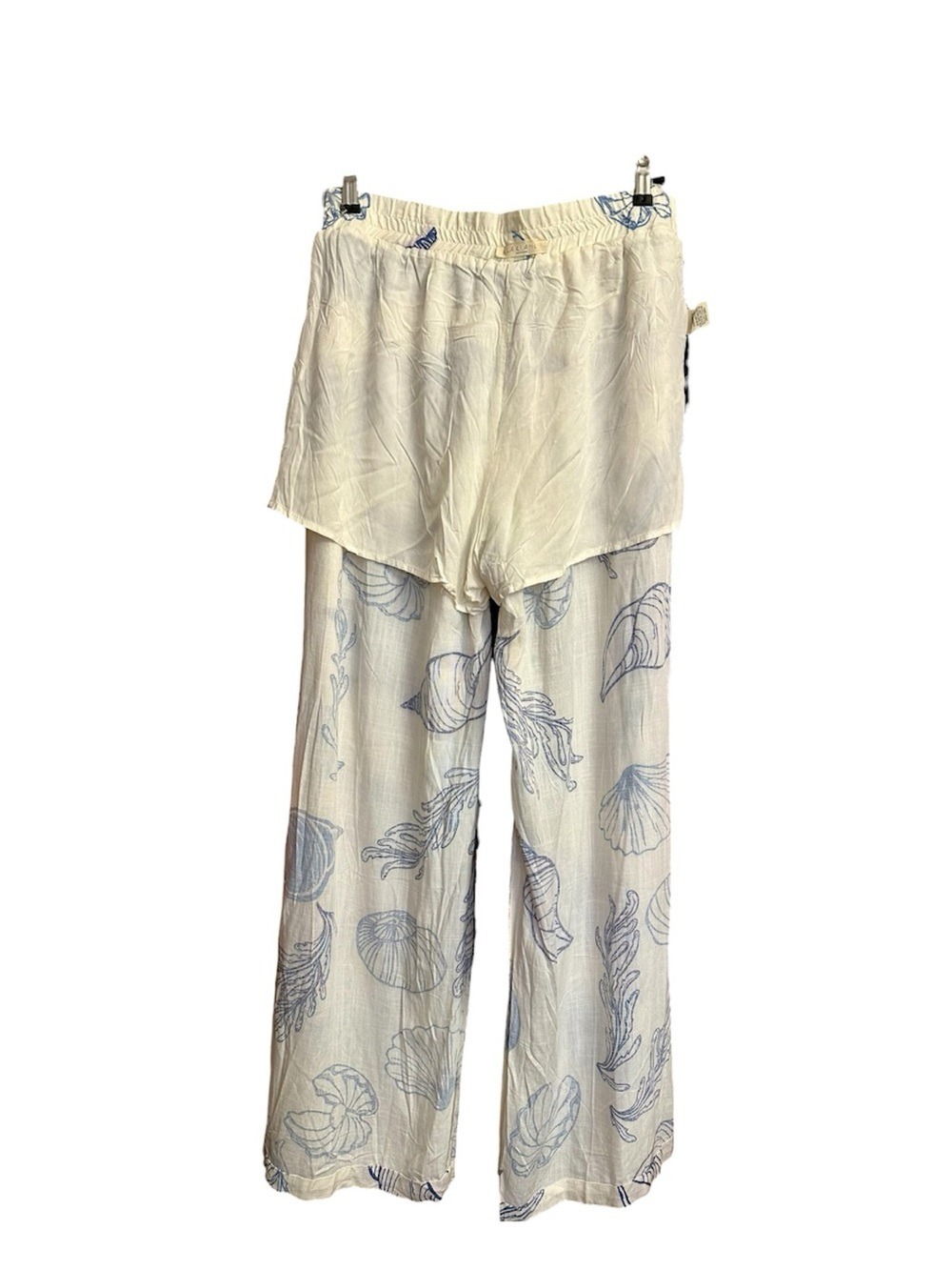 Illa Illa Seashell & Sea Plant Cream/Blue Wide Leg Pull-On Pants - Size L - Picture 8 of 11